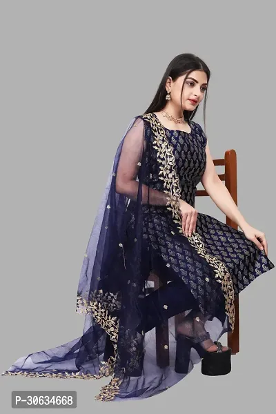 Elegant Navy Blue Banarasi Silk Jacquard Weave Dress Material with Dupatta For Women-thumb0