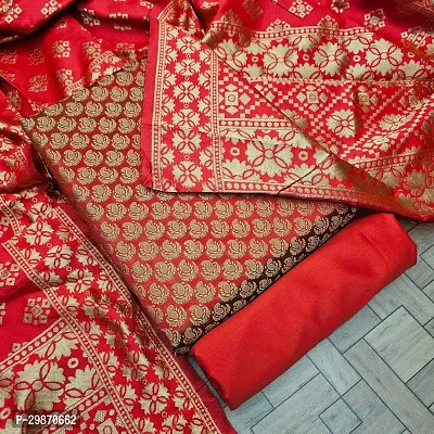 Elegant Red Banarasi Silk Jacquard Weave Dress Material with Dupatta For Women