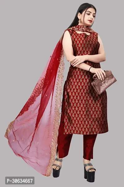 Elegant Maroon Banarasi Silk Jacquard Weave Dress Material with Dupatta For Women-thumb0