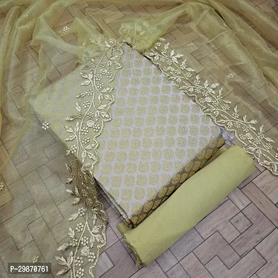 Elegant Beige Banarasi Silk Jacquard Weave Dress Material with Dupatta For Women