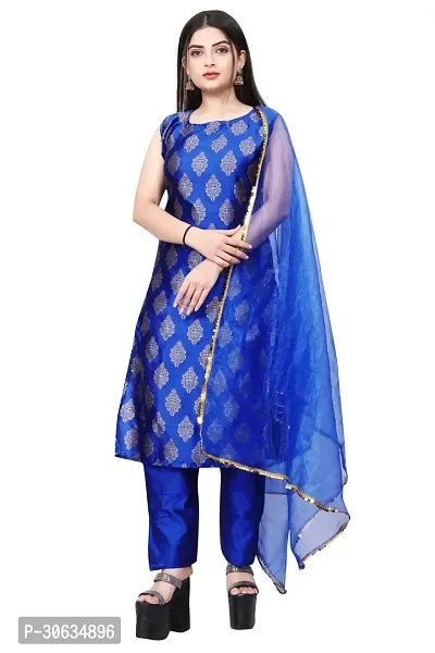 Elegant Blue Banarasi Silk Jacquard Weave Dress Material with Dupatta For Women-thumb0