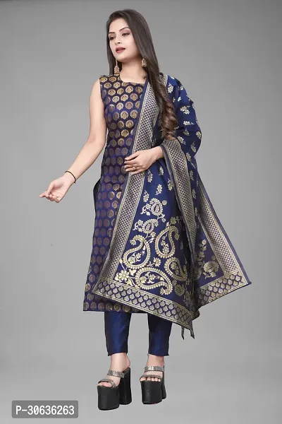 Elegant Navy Blue Banarasi Silk Jacquard Weave Dress Material with Dupatta For Women-thumb0