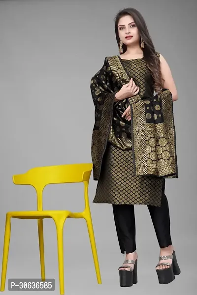 Elegant Black Banarasi Silk Jacquard Weave Dress Material with Dupatta For Women