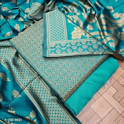 Elegant Teal Banarasi Silk Jacquard Weave Dress Material with Dupatta For Women