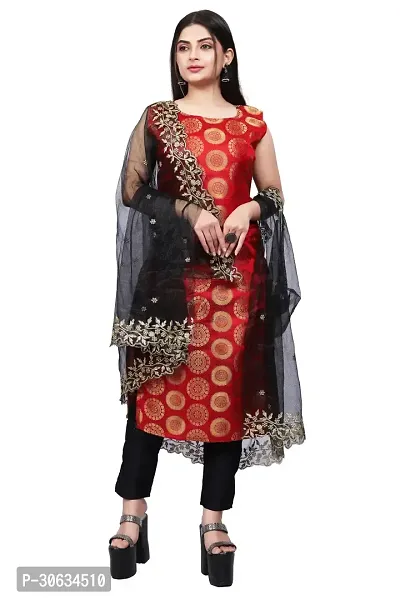 Elegant Red Banarasi Silk Jacquard Weave Dress Material with Dupatta For Women