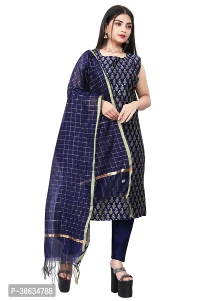 Elegant Navy Blue Banarasi Silk Jacquard Weave Dress Material with Dupatta For Women-thumb0