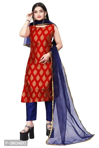 Elegant Red Banarasi Silk Jacquard Weave Dress Material with Dupatta For Women