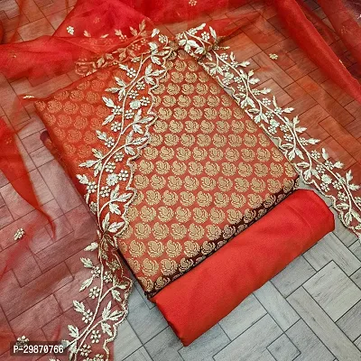 Elegant Red Banarasi Silk Jacquard Weave Dress Material with Dupatta For Women