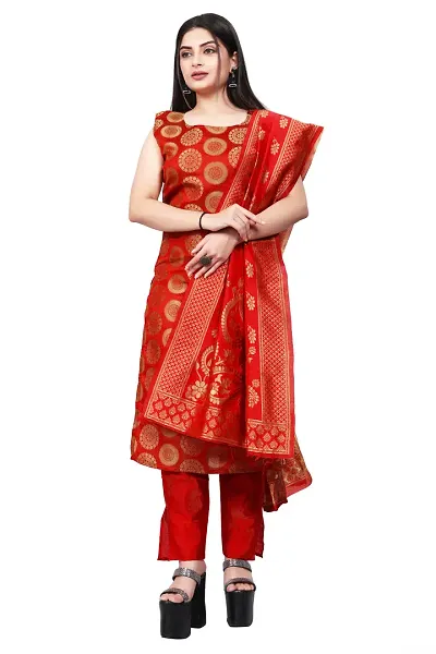 Stylish Fancy Jacquard Unstitched Dress Material Top With Bottom And Dupatta Set For Women