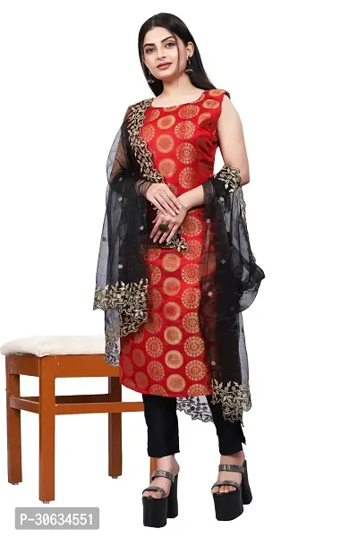 Elegant Red Banarasi Silk Jacquard Weave Dress Material with Dupatta For Women