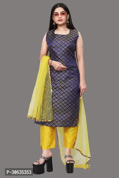 Elegant Navy Blue Banarasi Silk Jacquard Weave Dress Material with Dupatta For Women