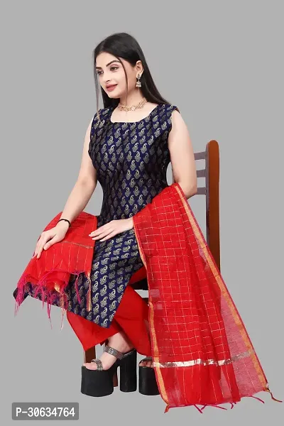 Elegant Navy Blue Banarasi Silk Jacquard Weave Dress Material with Dupatta For Women-thumb0