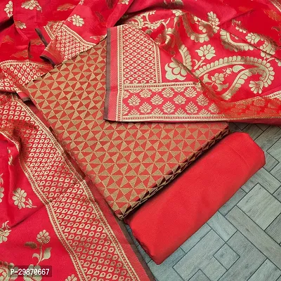 Elegant Red Banarasi Silk Jacquard Weave Dress Material with Dupatta For Women