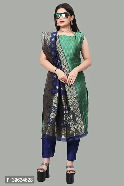 Elegant Green Banarasi Silk Jacquard Weave Dress Material with Dupatta For Women-thumb0