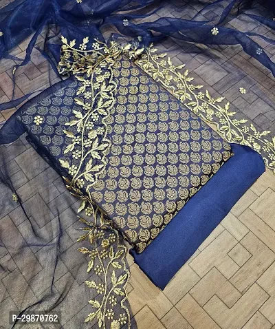 Elegant Navy Blue Banarasi Silk Jacquard Weave Dress Material with Dupatta For Women