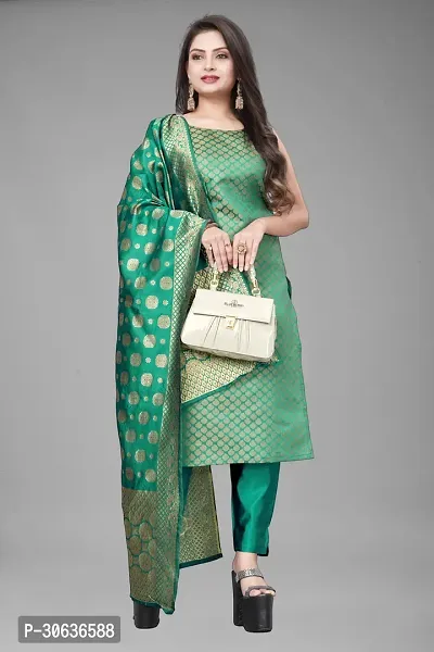 Elegant Green Banarasi Silk Jacquard Weave Dress Material with Dupatta For Women