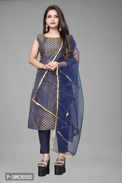 Elegant Navy Blue Banarasi Silk Jacquard Weave Dress Material with Dupatta For Women