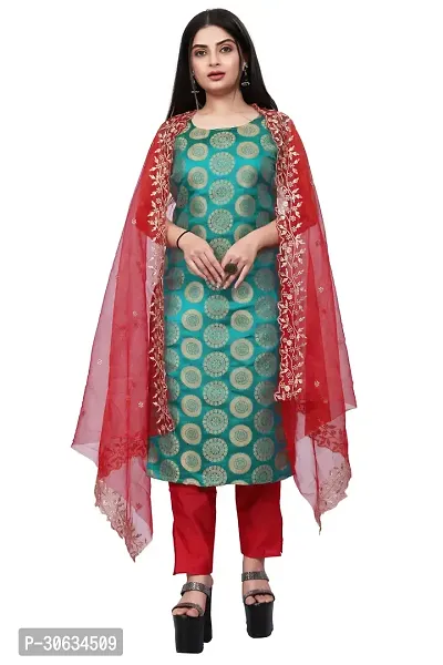 Elegant Green Banarasi Silk Jacquard Weave Dress Material with Dupatta For Women