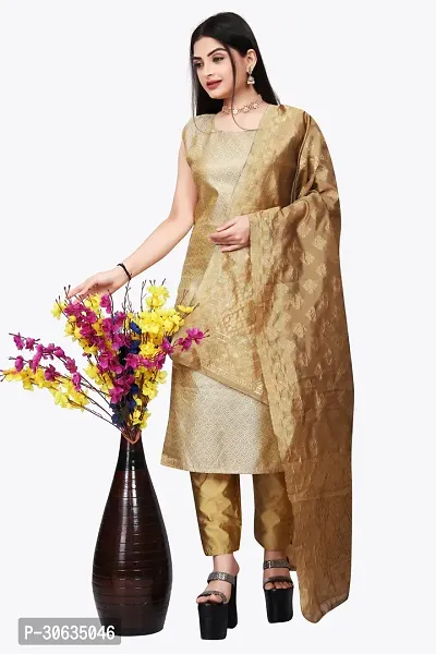 Elegant Beige Banarasi Silk Jacquard Weave Dress Material with Dupatta For Women