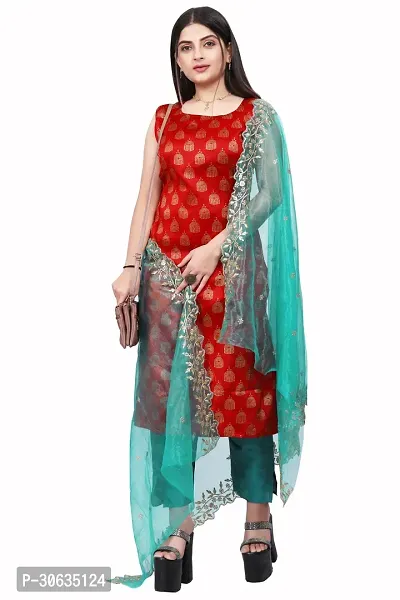 Elegant Red Banarasi Silk Jacquard Weave Dress Material with Dupatta For Women