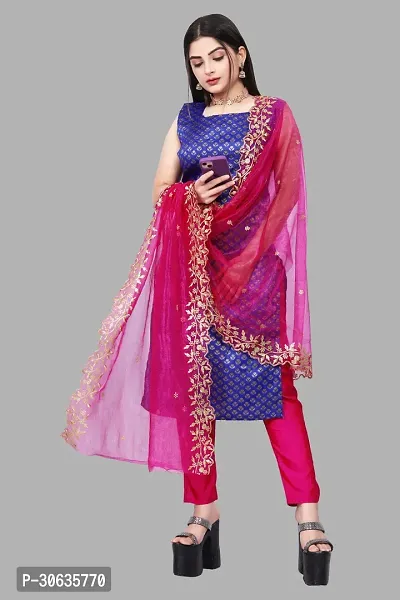 Elegant Blue Banarasi Silk Jacquard Weave Dress Material with Dupatta For Women