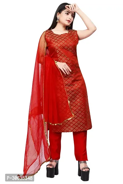 Elegant Red Banarasi Silk Jacquard Weave Dress Material with Dupatta For Women