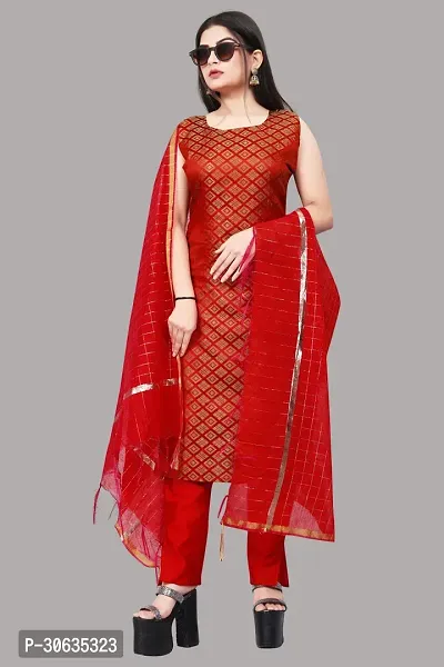 Elegant Red Banarasi Silk Jacquard Weave Dress Material with Dupatta For Women