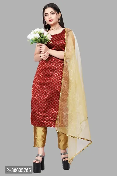 Elegant Maroon Banarasi Silk Jacquard Weave Dress Material with Dupatta For Women-thumb0