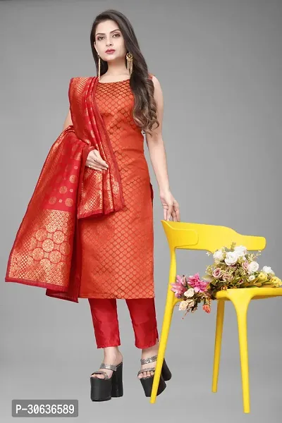 Elegant Red Banarasi Silk Jacquard Weave Dress Material with Dupatta For Women