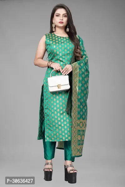 Elegant Green Banarasi Silk Jacquard Weave Dress Material with Dupatta For Women