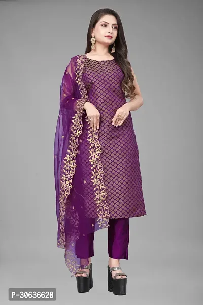 Elegant Purple Banarasi Silk Jacquard Weave Dress Material with Dupatta For Women