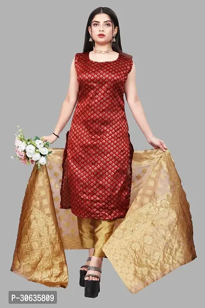 Elegant Maroon Banarasi Silk Jacquard Weave Dress Material with Dupatta For Women