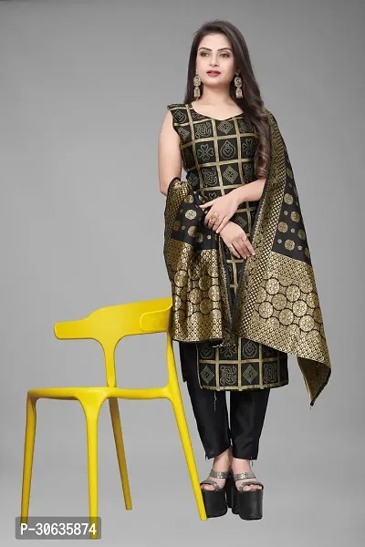 Elegant Black Banarasi Silk Jacquard Weave Dress Material with Dupatta For Women