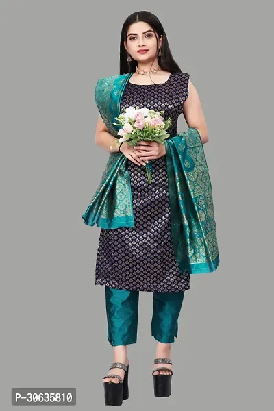 Elegant Navy Blue Banarasi Silk Jacquard Weave Dress Material with Dupatta For Women-thumb0