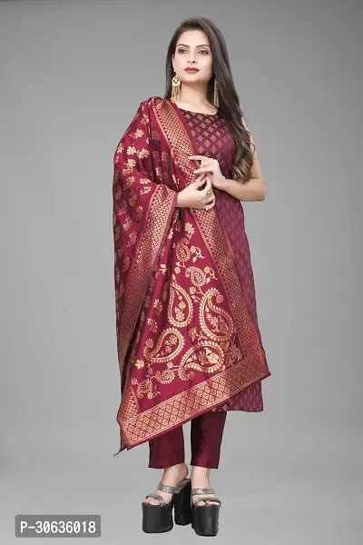 Elegant Maroon Banarasi Silk Jacquard Weave Dress Material with Dupatta For Women-thumb0