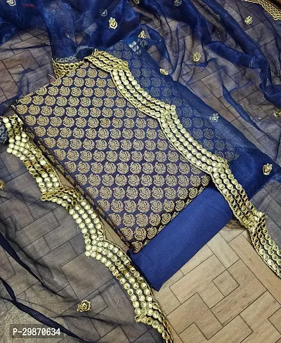 Elegant Navy Blue Banarasi Silk Jacquard Weave Dress Material with Dupatta For Women