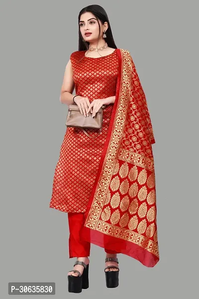 Elegant Red Banarasi Silk Jacquard Weave Dress Material with Dupatta For Women