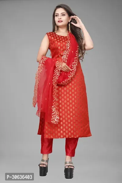 Elegant Red Banarasi Silk Jacquard Weave Dress Material with Dupatta For Women-thumb0