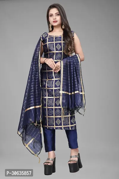 Elegant Navy Blue Banarasi Silk Jacquard Weave Dress Material with Dupatta For Women