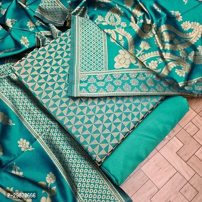 Elegant Teal Banarasi Silk Jacquard Weave Dress Material with Dupatta For Women-thumb0