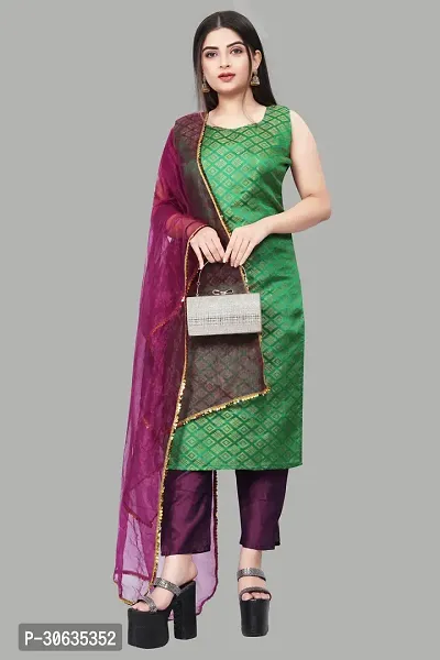 Elegant Green Banarasi Silk Jacquard Weave Dress Material with Dupatta For Women