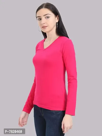 FLEXIMAA Women's Cotton V Neck Full Sleeves T-Shirt Plain | Regular Fit Casual T-Shirt | 100% Cotton-thumb3