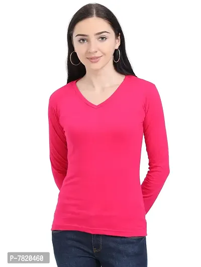 FLEXIMAA Women's Cotton V Neck Full Sleeves T-Shirt Plain | Regular Fit Casual T-Shirt | 100% Cotton-thumb0