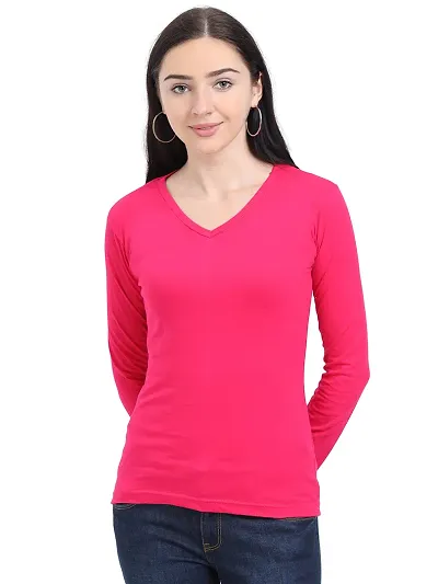 FLEXIMAA Women's Cotton V Neck Full Sleeves T-Shirt Plain | Regular Fit Casual T-Shirt | 100% Cotton