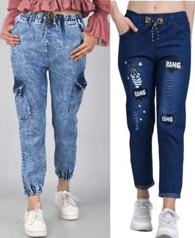 Trendy Latest Fancy Pocket Blue Denim Joggers Cargo Jeans  Pants For Girls  Women (Combo Of 2)