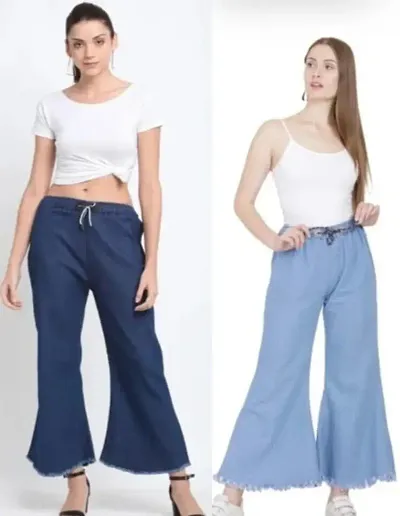 Buy V3E Women's Flared Denim Button Palazzo/Jeans (Light Blue)-(28) at  Amazon.in