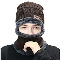 UPAREL Snow Proof Inside Fur Wool Unisex Beanie Cap with Neck Warmer Set Knit for Men  Women -Brown-thumb2