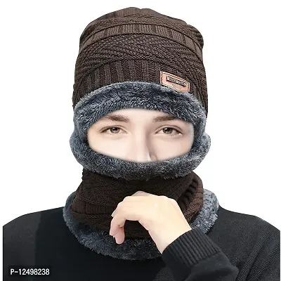 UPAREL Snow Proof Inside Fur Wool Unisex Beanie Cap with Neck Warmer Set Knit for Men  Women -Brown-thumb3