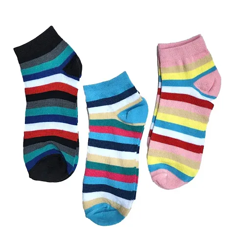 UPAREL Trendy Stylish Ankle Length Multicolored Striped Socks for Women (Pack of 3 Pairs)
