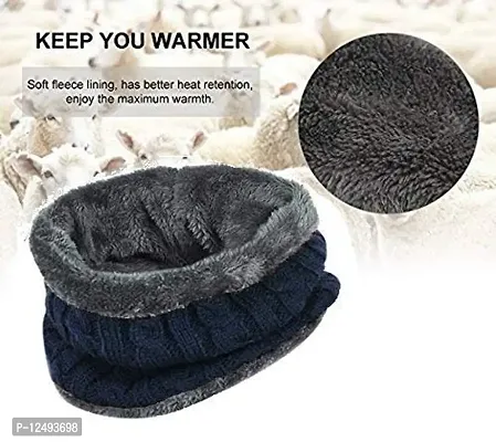 UPAREL Ultra Soft Inside Fur Unisex Woolen Beanie Cap Plus Neck Warmer Muffler Scarf Set for Men Women (Set of 2) -Navy Blue-thumb3